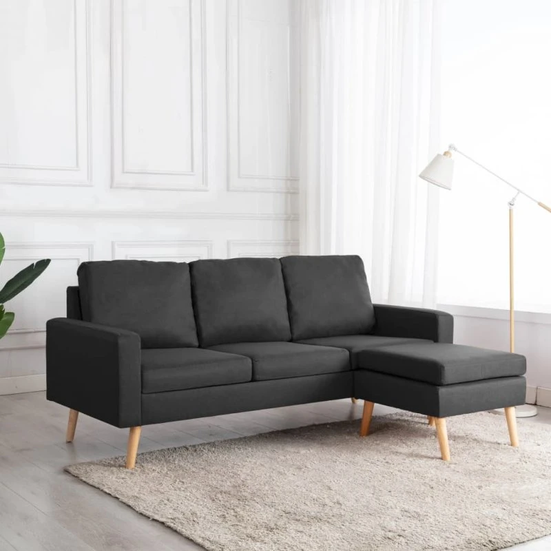 3-personers sofa med fodskammel i mørkegråt stof