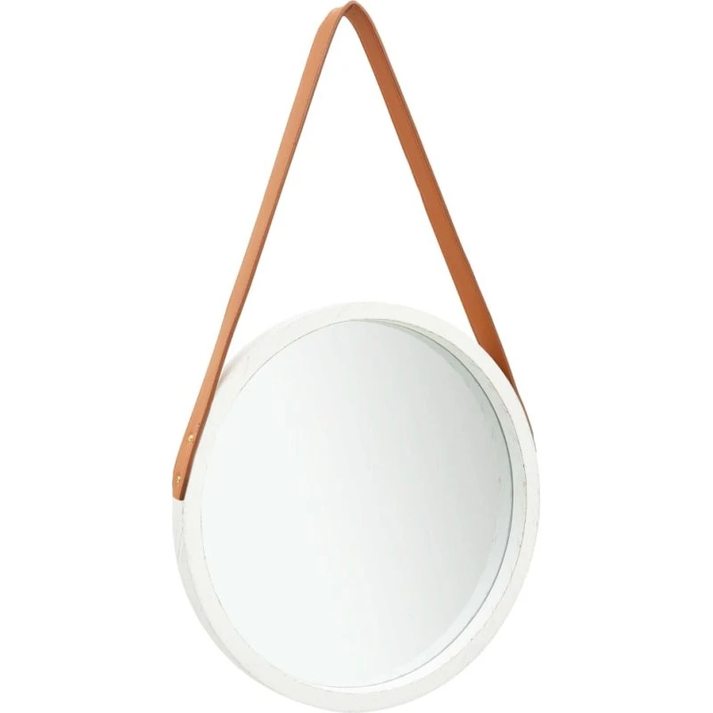 Rundt vægspejl 40 cm med rem - hvid