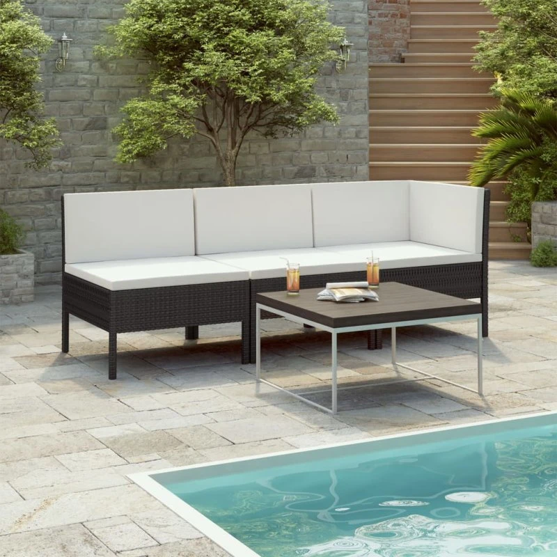 Loungesæt i sort polyrattan, 3 dele med hynder