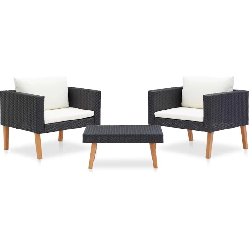 Loungesæt til haven 3 dele i sort polyrattan med hynder