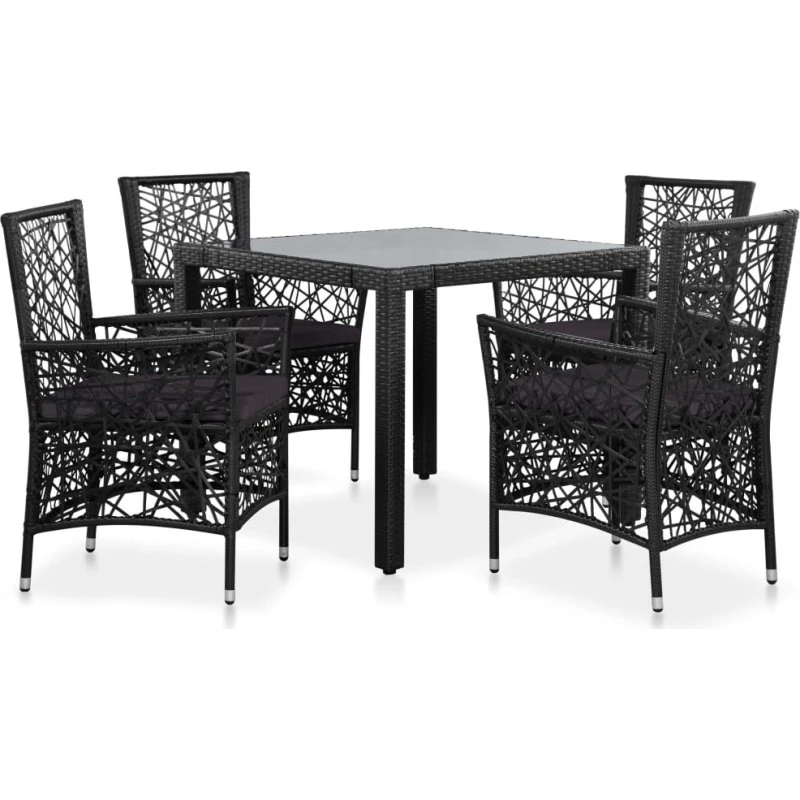 Udendørs spisebordssæt 5 dele i sort polyrattan