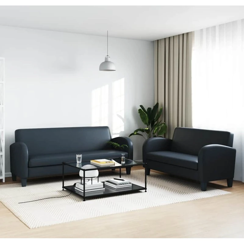 Sofasæt 2 dele i sort kunstlæder – 2+3-person