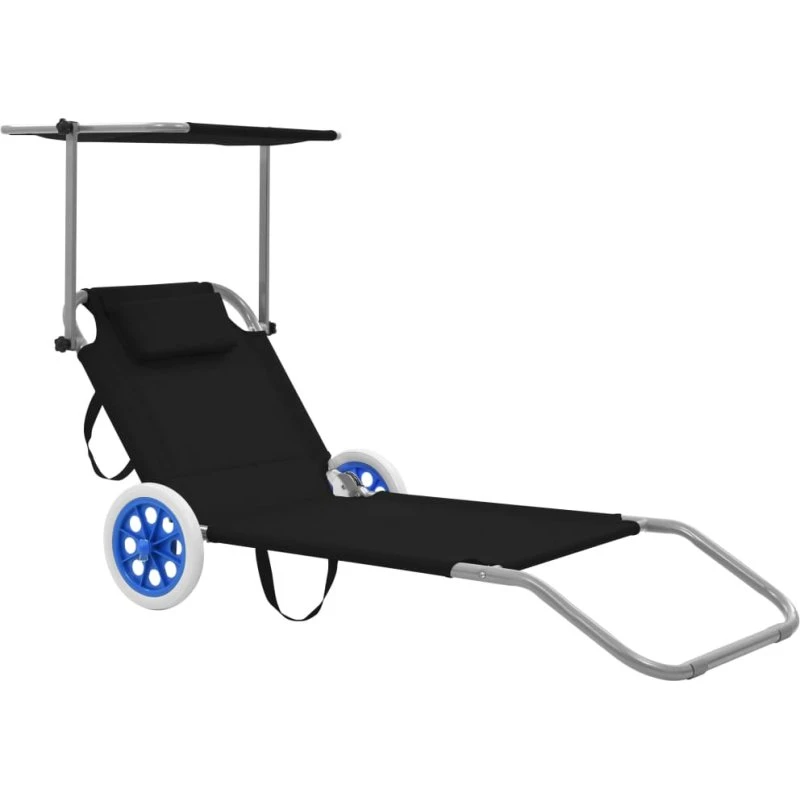 Foldbar liggestol med baldakin og hjul – sort stål