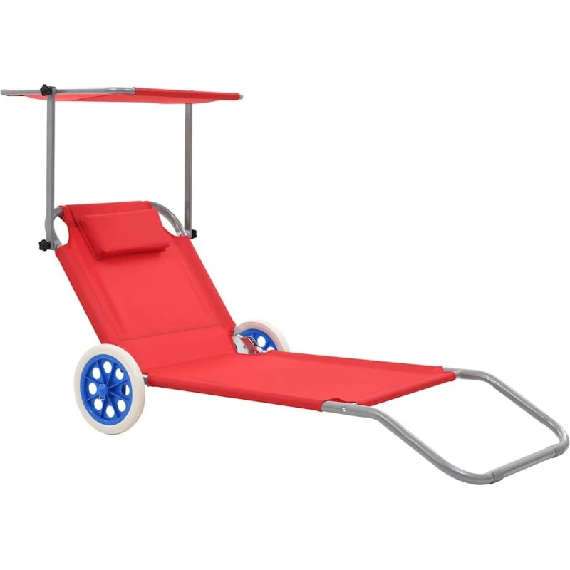 Foldbar liggestol med baldakin og hjul – rød