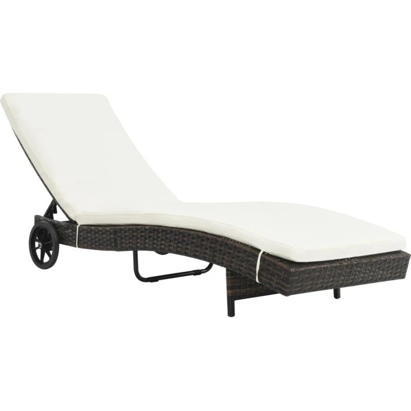 Liggestol polyrattan med hynde og hjul – brun