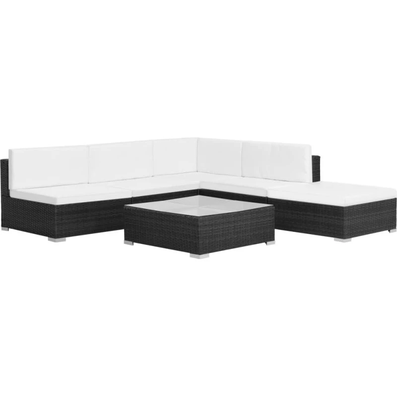 Haveloungesæt 6 dele i sort polyrattan med hynder