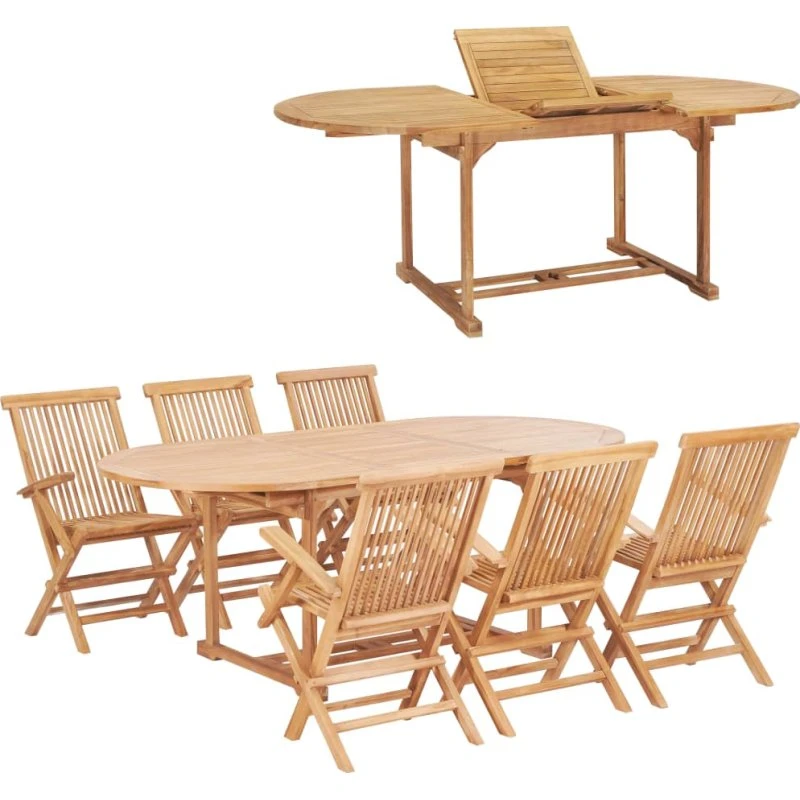 Udendørs spisebordssæt i massivt teak, 7 dele (150–200x100x75 cm)