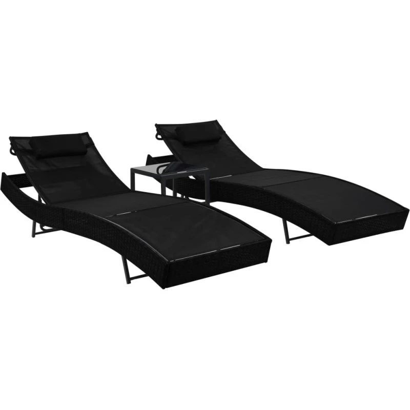 Liggestole 2 stk. med bord i sort polyrattan og textilene