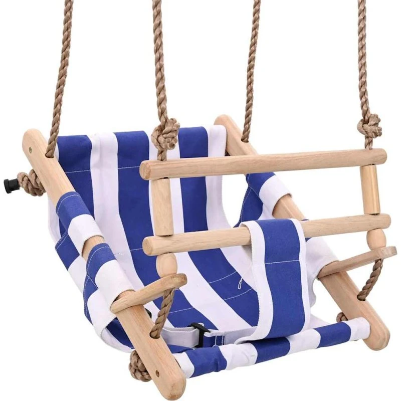 Babygynge i træ med bomuldssæde & sikkerhedssele - blå