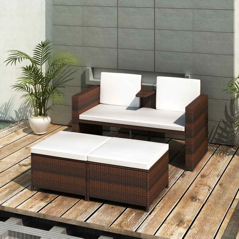 Loungesæt i polyrattan 4 dele med hynder – brun/creme