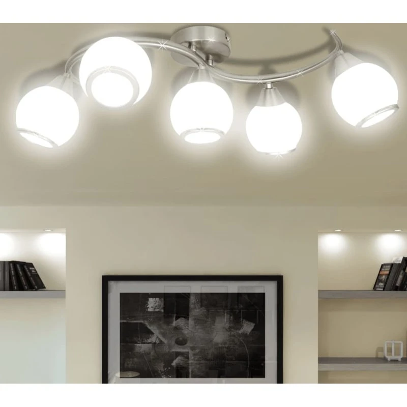 Loftlampe med 5 bølgede glasskærme i satin-nikkel