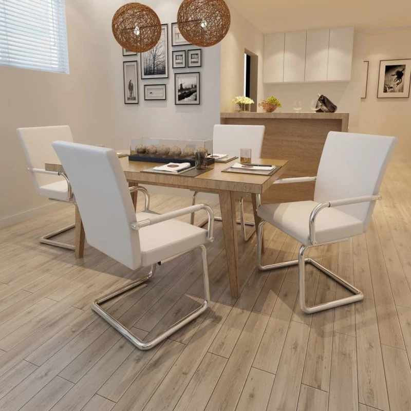 Cantilever spisebordsstole 4 stk. hvidt kunstlæder
