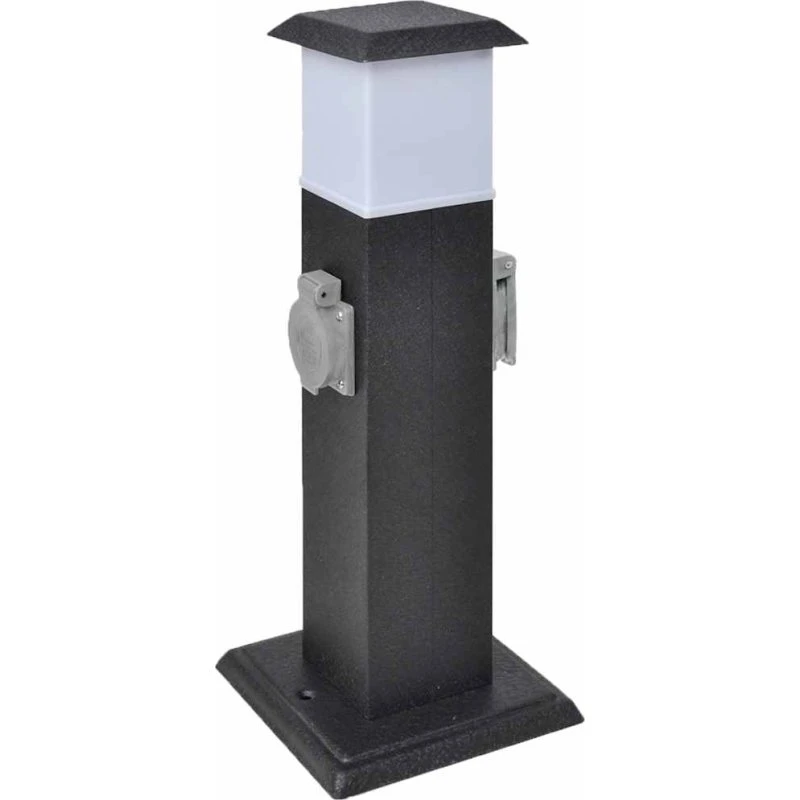 Sort udendørs stikdåse i jern med indbygget lampe