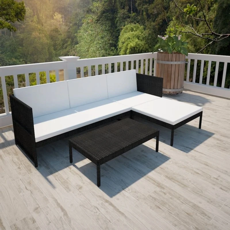 Loungesæt 3 dele i sort polyrattan med hynder