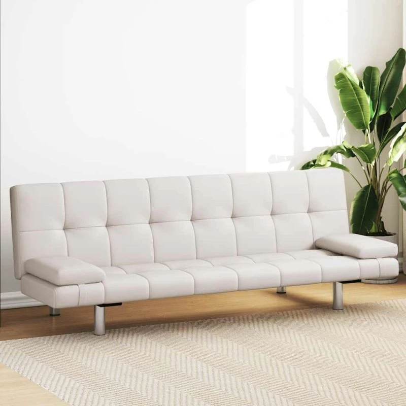 Justérbar sovesofa i creme kunstlæder med 2 puder