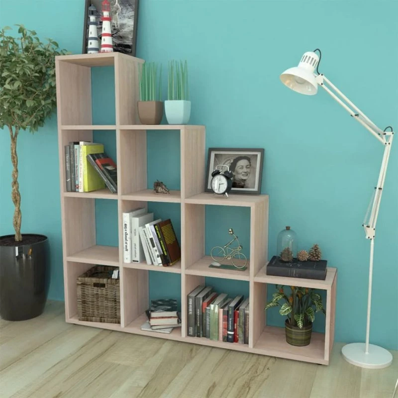 Trappeformet bogreol/displayhylde 142 cm - egetræsfarve