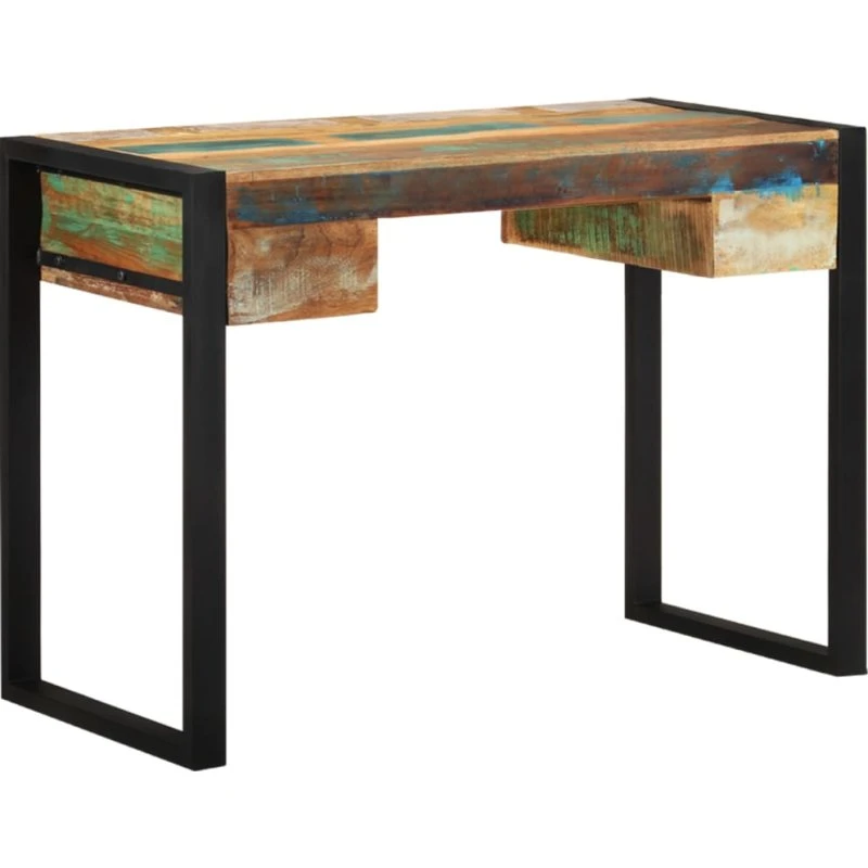 Skrivebord i massivt genbrugstræ med stålstel og 2 skuffer