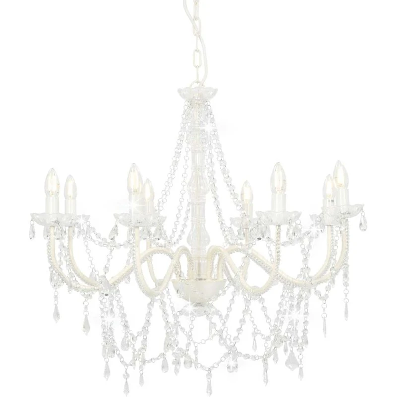 Lysekrone med perler, 8 x E14, hvid