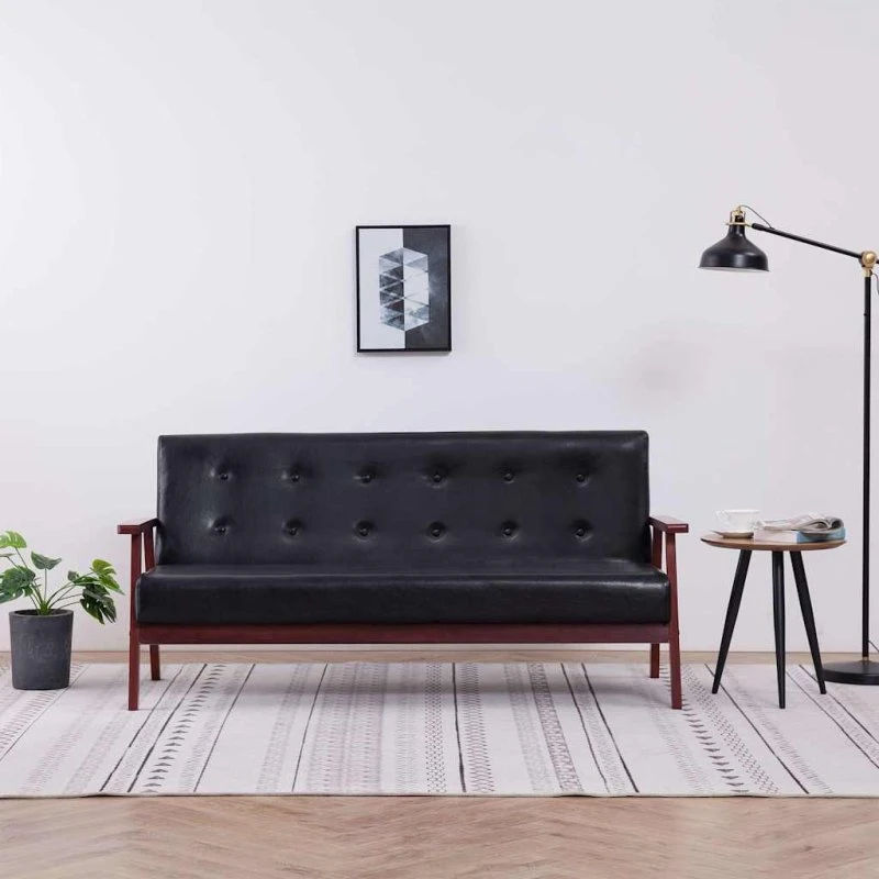 3-personers retro sofa i kunstlæder, sort