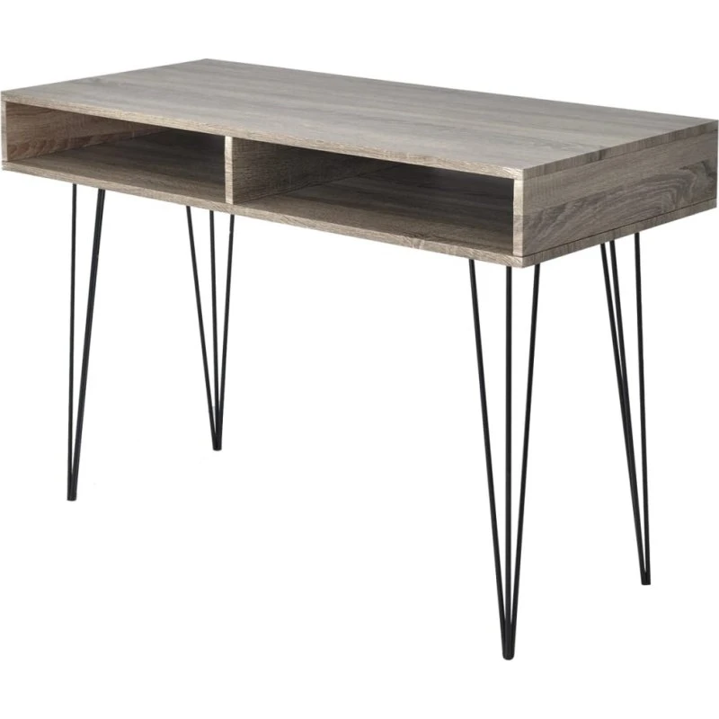 Skrivebord med 2 rum – grå/eg MDF og metalben