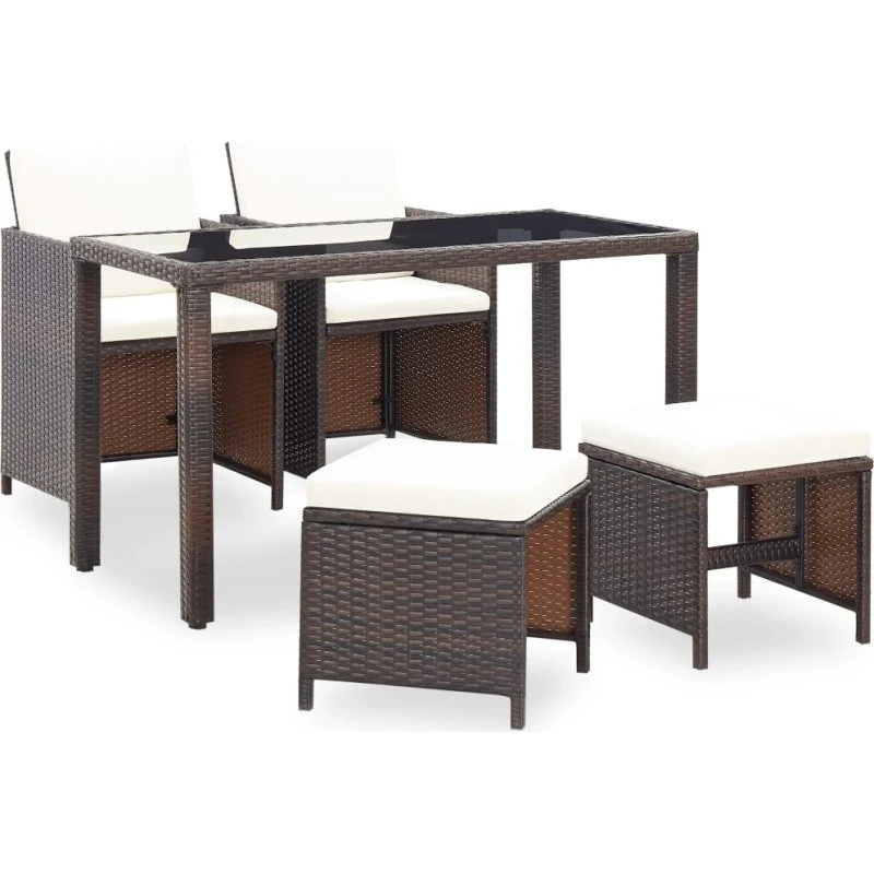Udendørs spisebordssæt 5 dele i brun polyrattan
