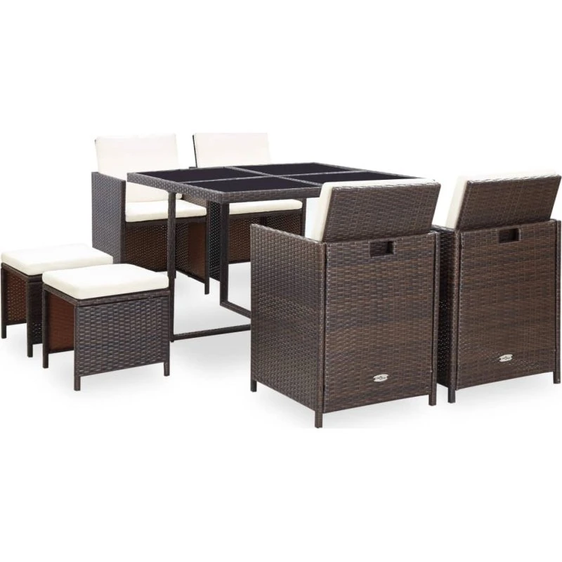 Udendørs spisebordssæt 9 dele i polyrattan - brun