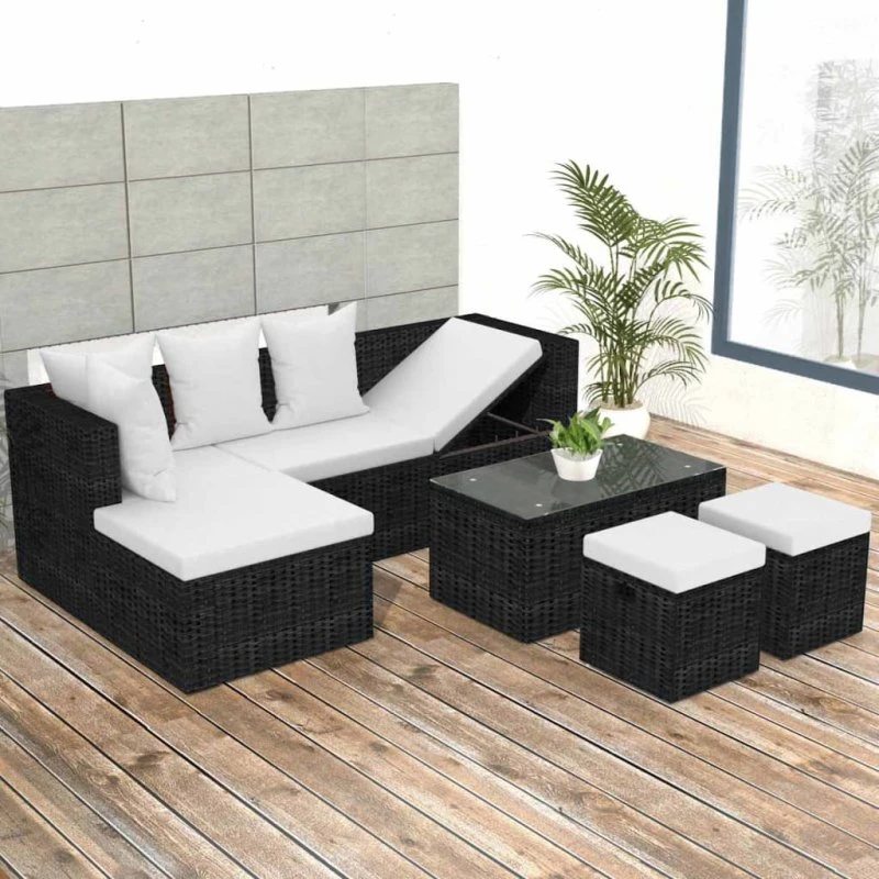 Haveloungesæt 4 dele i polyrattan med hynder – sort