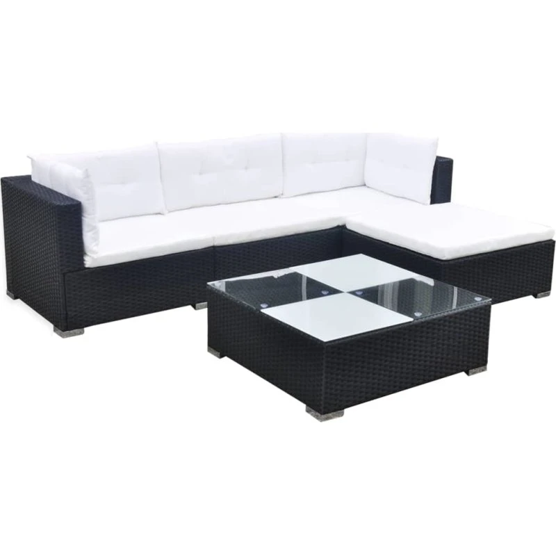 Loungesæt i polyrattan 5 dele med hynder, sort