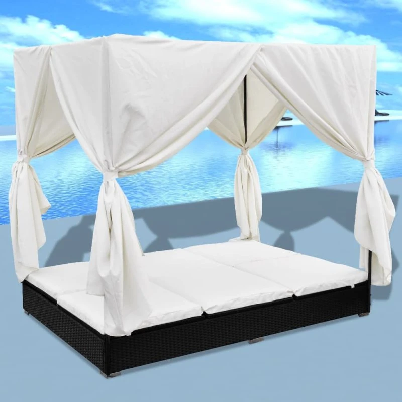 Solseng i sort polyrattan til 2 personer med gardin