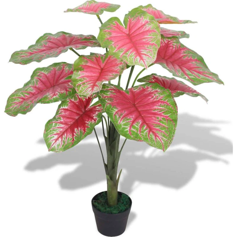 Kunstig Caladium 85 cm med urtepotte, grøn/rød