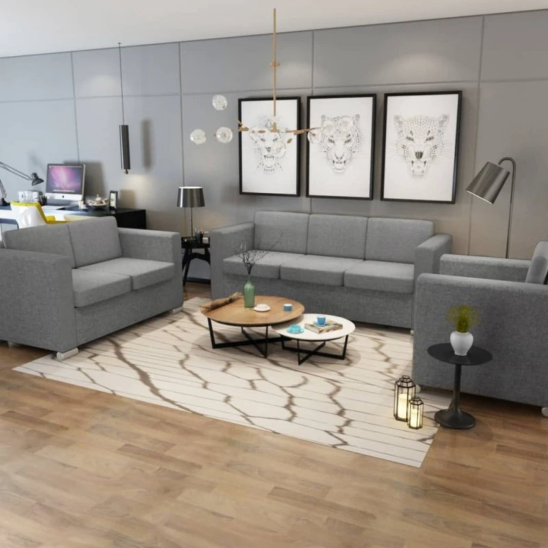 Sofasæt 3 dele i stof - lysegrå, moderne og komfortabelt