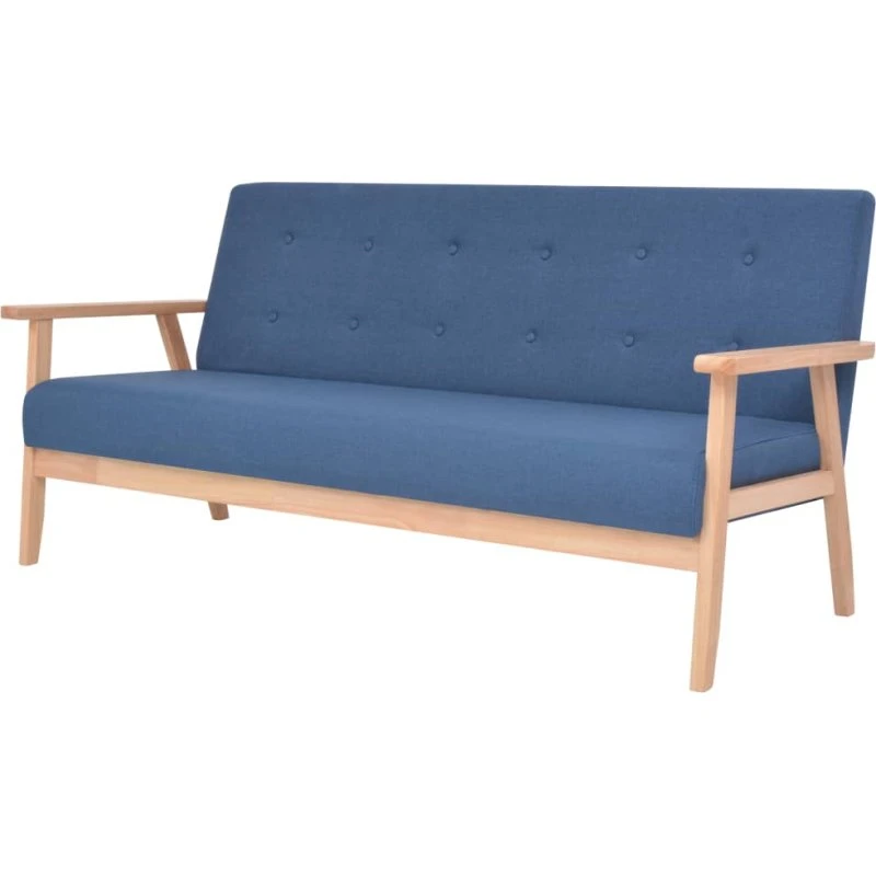 3-personers sofa i blå stof med træramme