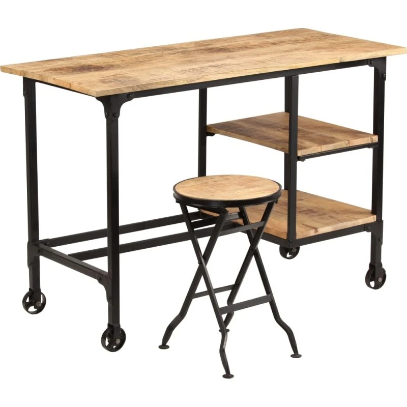 Skrivebord i massivt mangotræ med foldbar taburet 115x50x76