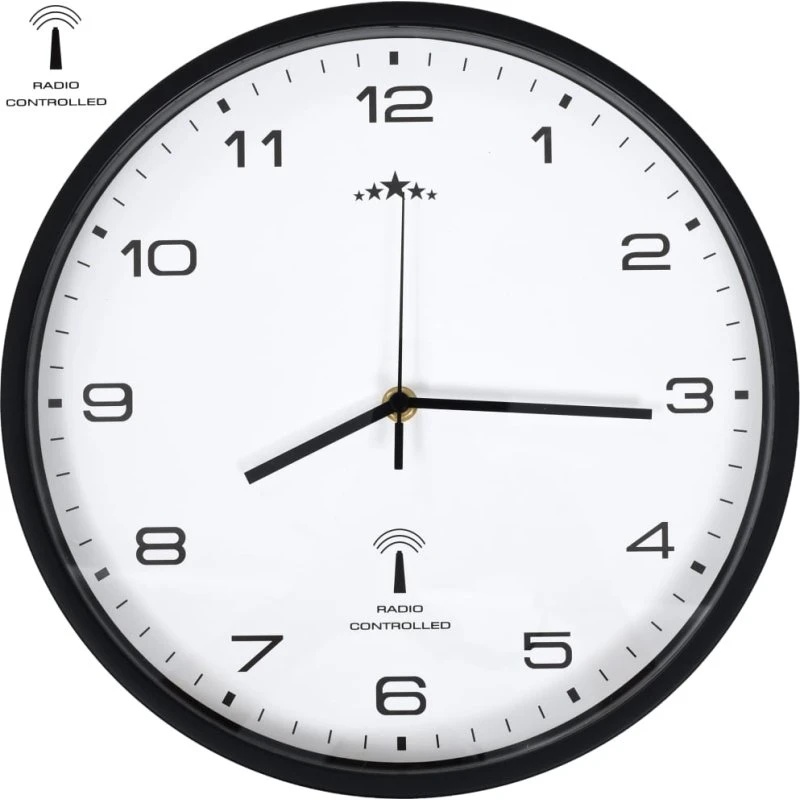 Radiostyret vægur 31 cm – hvid urskive, sort ramme