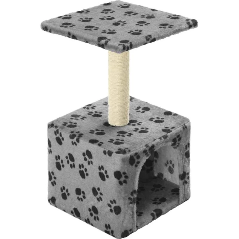 Kradsetræ til katte 55 cm med sisal og hytte – grå poteprint