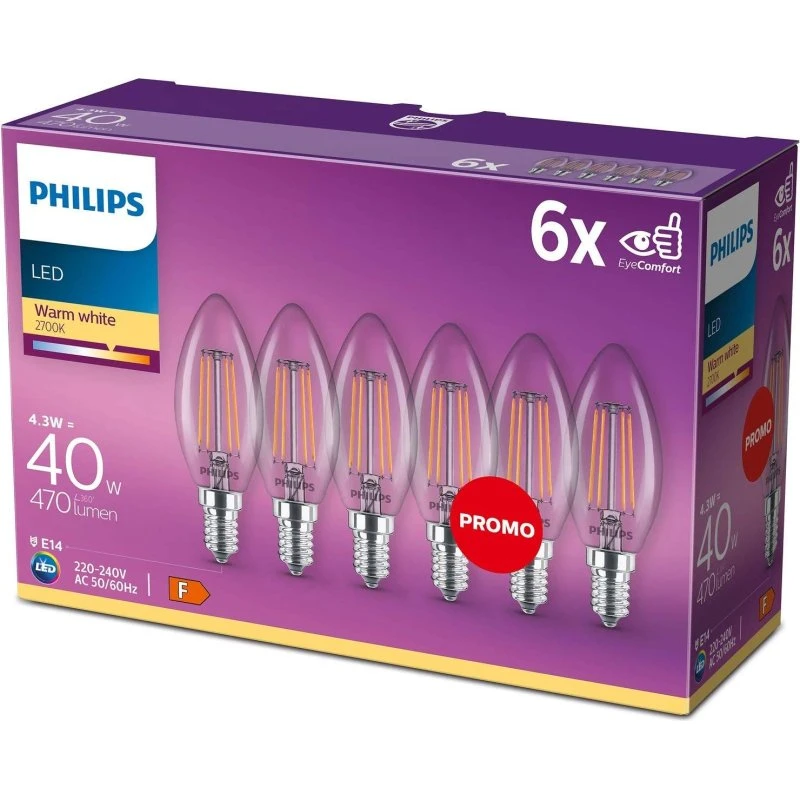 Philips 6-pak LED E14 Kronelys 4,3W (40W) 2700K