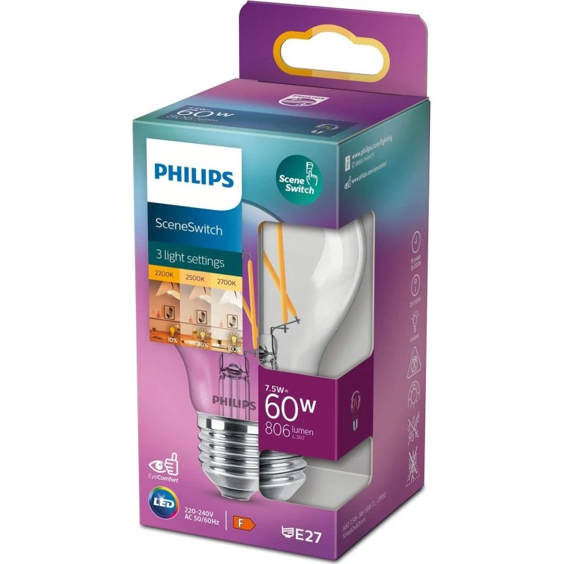 Philips SceneSwitch LED E27 filament 60-30-16W klar
