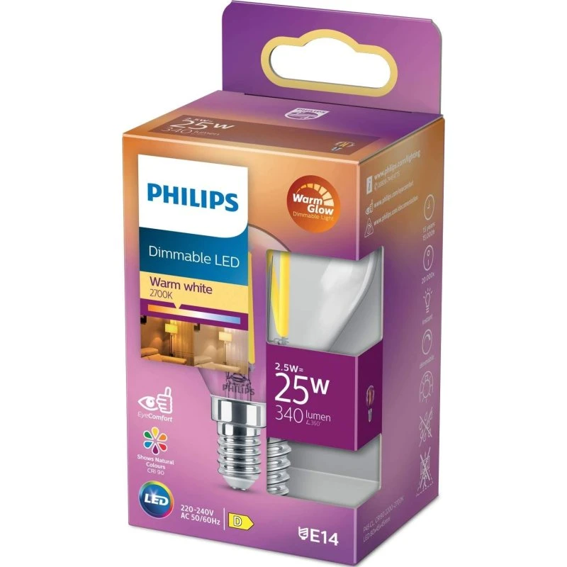 Philips LED E14 Globe P45 2,5W WarmGlow – dæmpbar, klar
