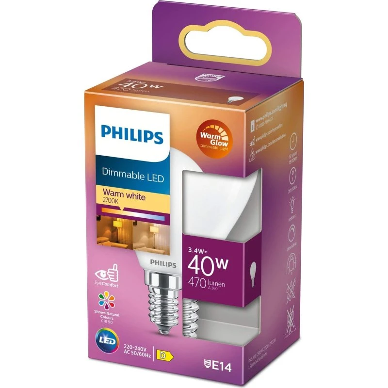 Philips WarmGlow LED E14 P45 3,4W (40W) Frost Dæmpbar