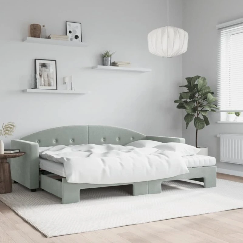 Daybed med udtræk & madras 80x200 cm - lysegrå velour
