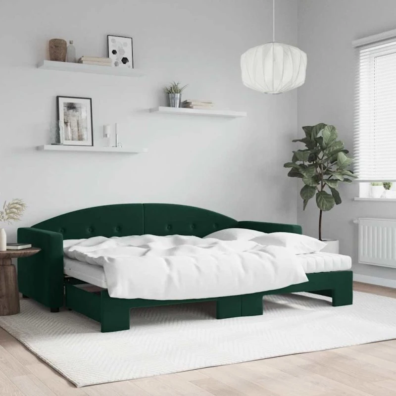 Daybed med udtræk og madras 80x200 cm – velour mørkegrøn