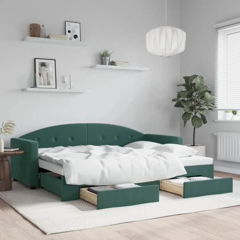 Daybed med udtræk og skuffer 80x200 cm – velour mørkegrøn
