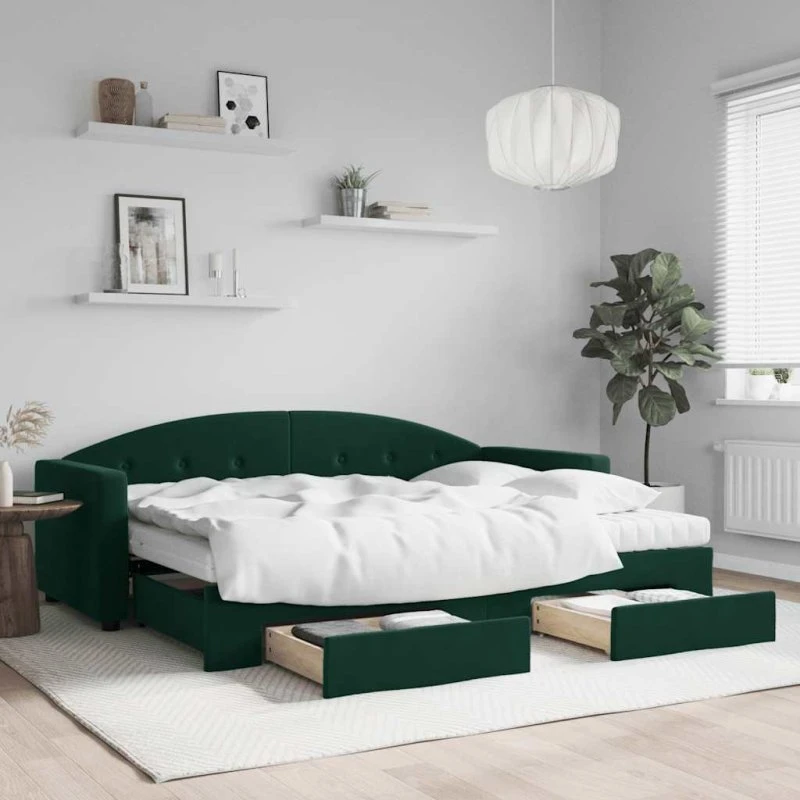 Daybed med udtræk & skuffer 80x200 cm velour - mørkegrøn