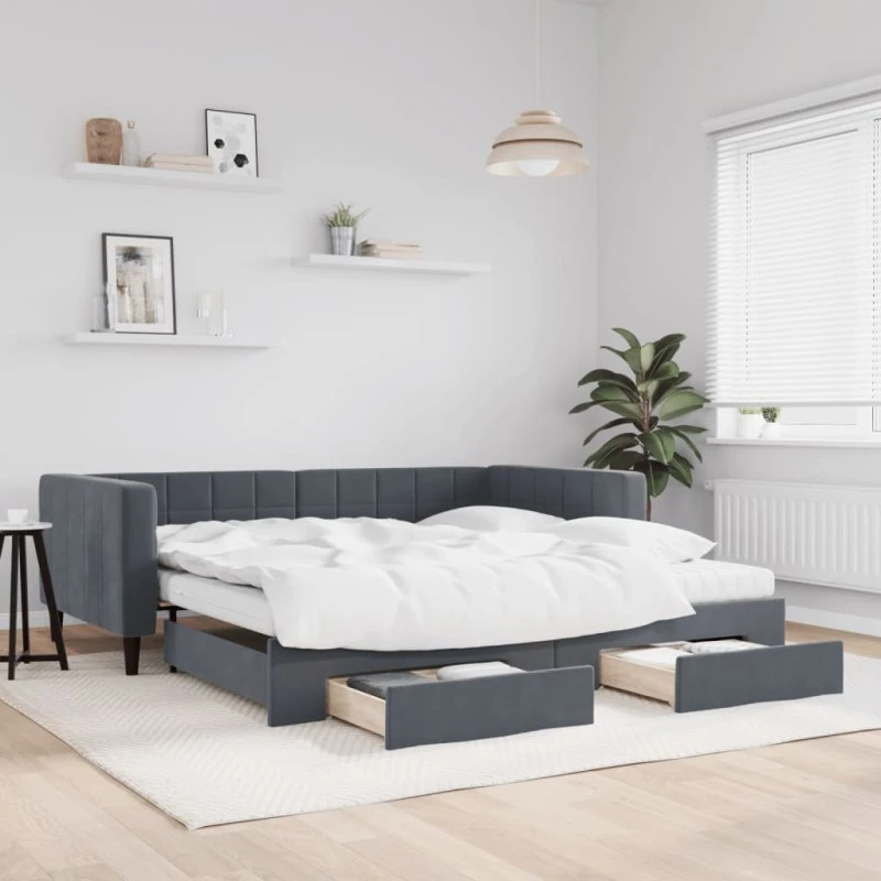Daybed med udtræk og skuffer 100x200 cm - mørkegrå velour