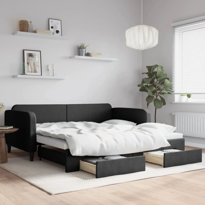 Daybed med udtræk og 2 skuffer 100x200 cm - Sort stof