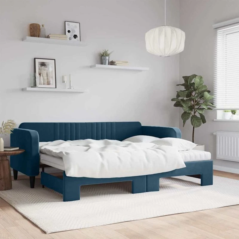Daybed med udtræk og madras 90x200 cm – velour blå