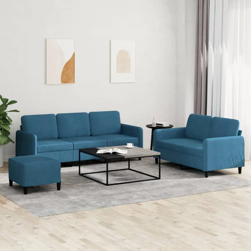 Sofasæt 3 dele i blå velour – komfortabelt og stilrent