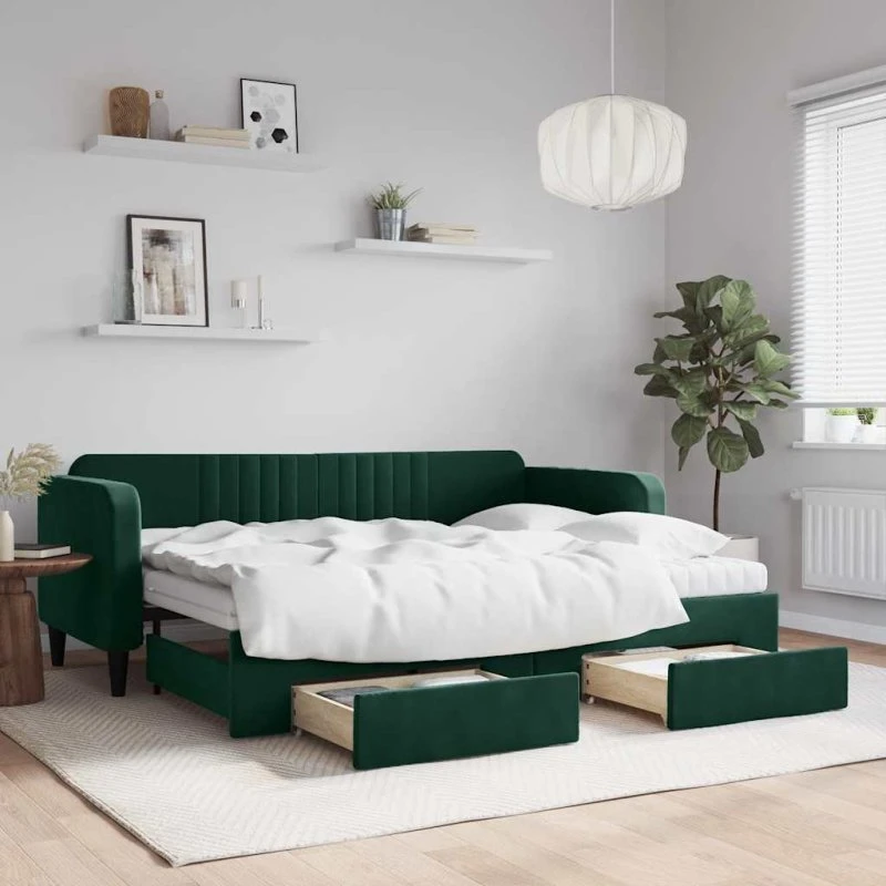 Daybed med udtræk og skuffer 80x200 cm velour mørkegrøn