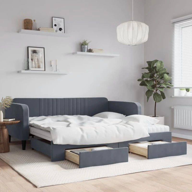 Daybed med udtræk og skuffer 100x200 cm - velour mørkegrå