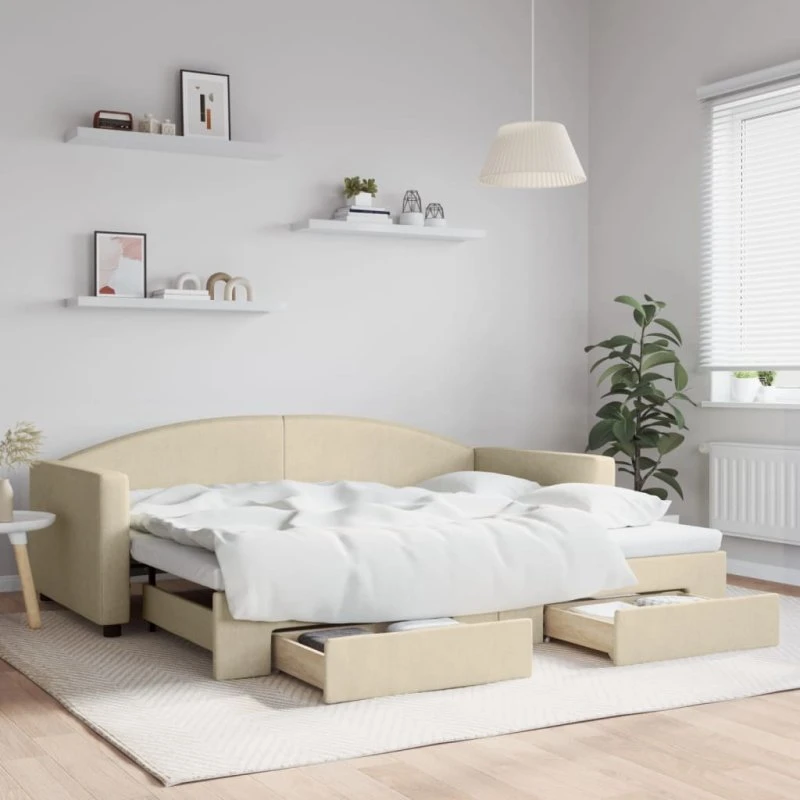 Daybed med udtræk og skuffer 90x200 cm - creme
